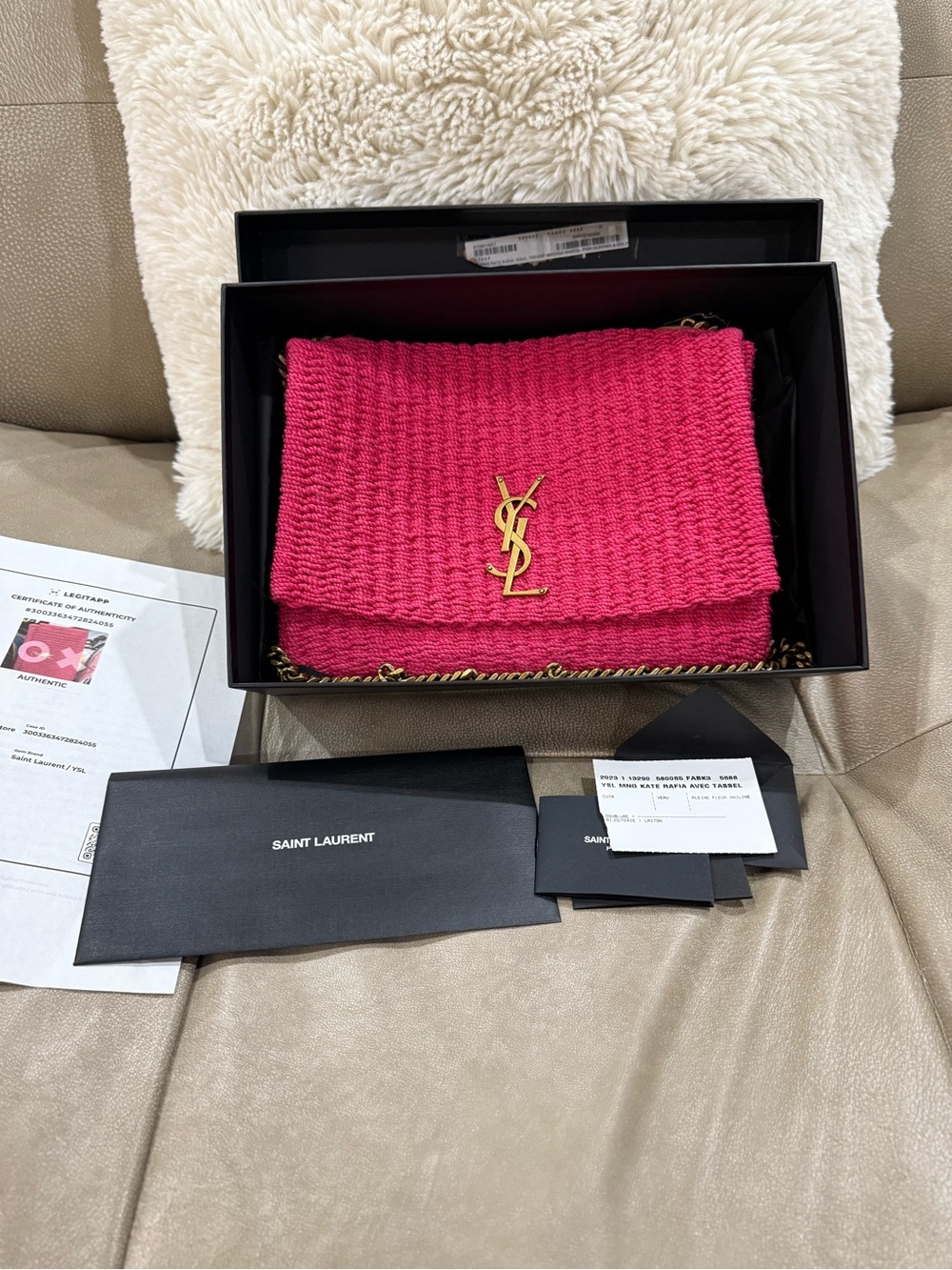 AUTHENTIC 2023 Saint Laurent Hot Pink Woven Envelope Crossbody with Gold YSL